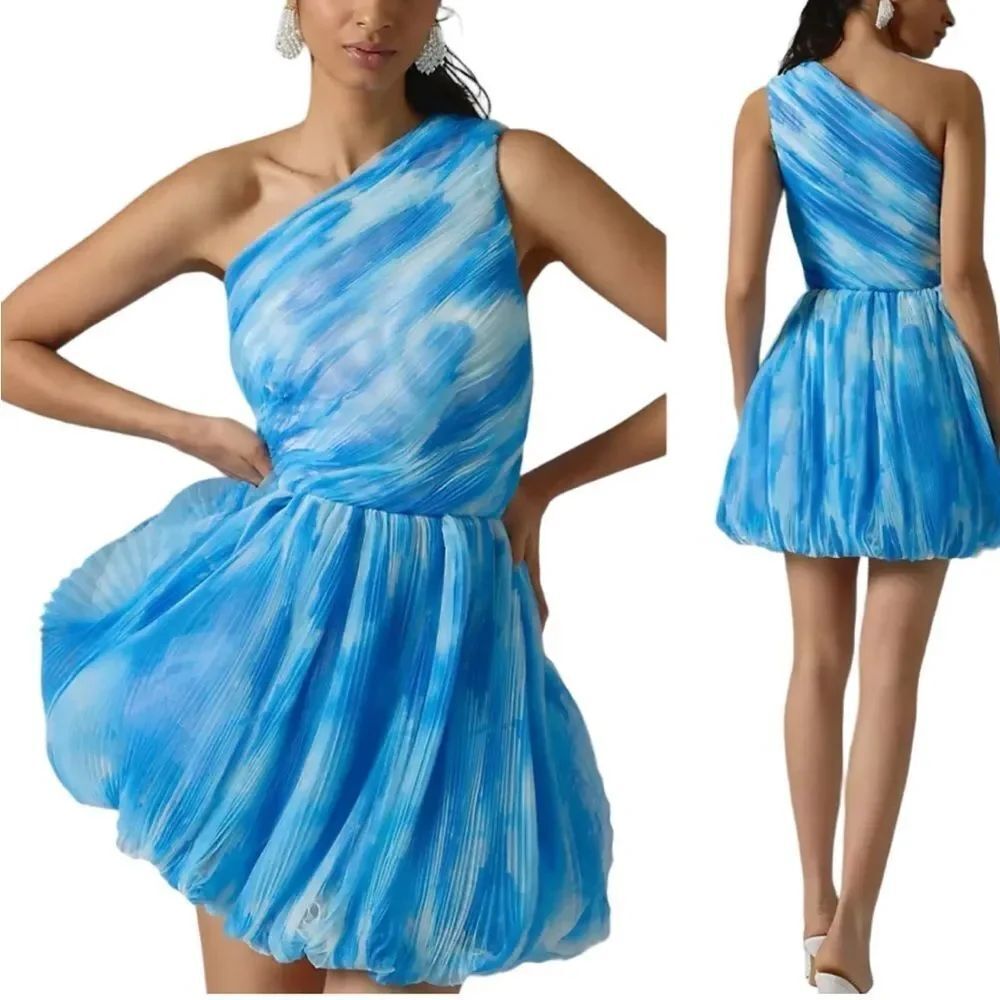 Anthropologie Hutch Dress One-Shoulder Bubble Mini Mesh in Blue $188